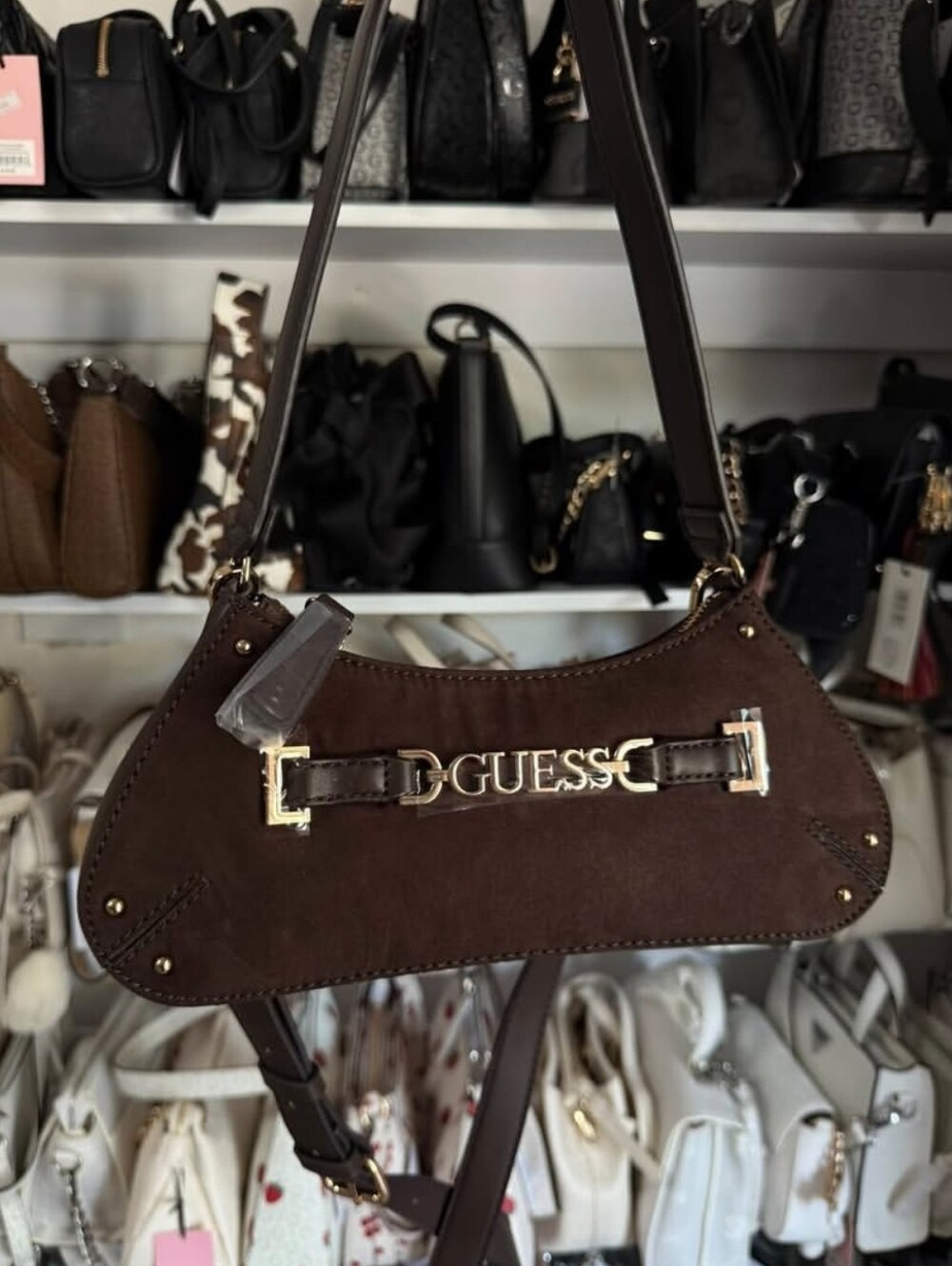 GUESS Dark Brown Suede Crossbody Handbag